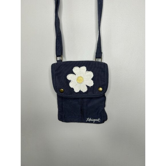 Life is Good Purse Blue Daisy Crossbody Bag Cotton Blend Canvas Button Closure - Picture 2 of 8